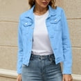 thumbnail image 4 of Women'S 3/4 Slim Sleeve Denim Jacket Lapel Basic Button Down Trucker Colored Cropped Jeans Jacket Washed Coat Light Blue L, 4 of 5