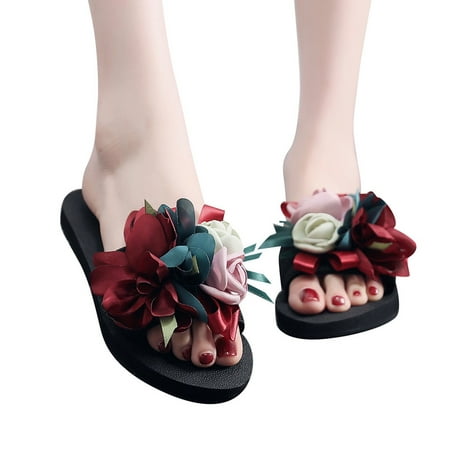 

Tepsmf Women S Sandals Women s Bohemian Flower Flat Slippers Summer Sandals Non-slip Beach Shoes