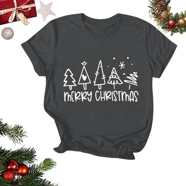 Amzcrzy Hauts d'Été pour Femmes Hauts de Noël Imprimés Col Rond Manches Courtes T-Shirt Haut Manches Courtes Col Rond T-Shirts pour Femmes Hauts Manches Courtes pour Femme