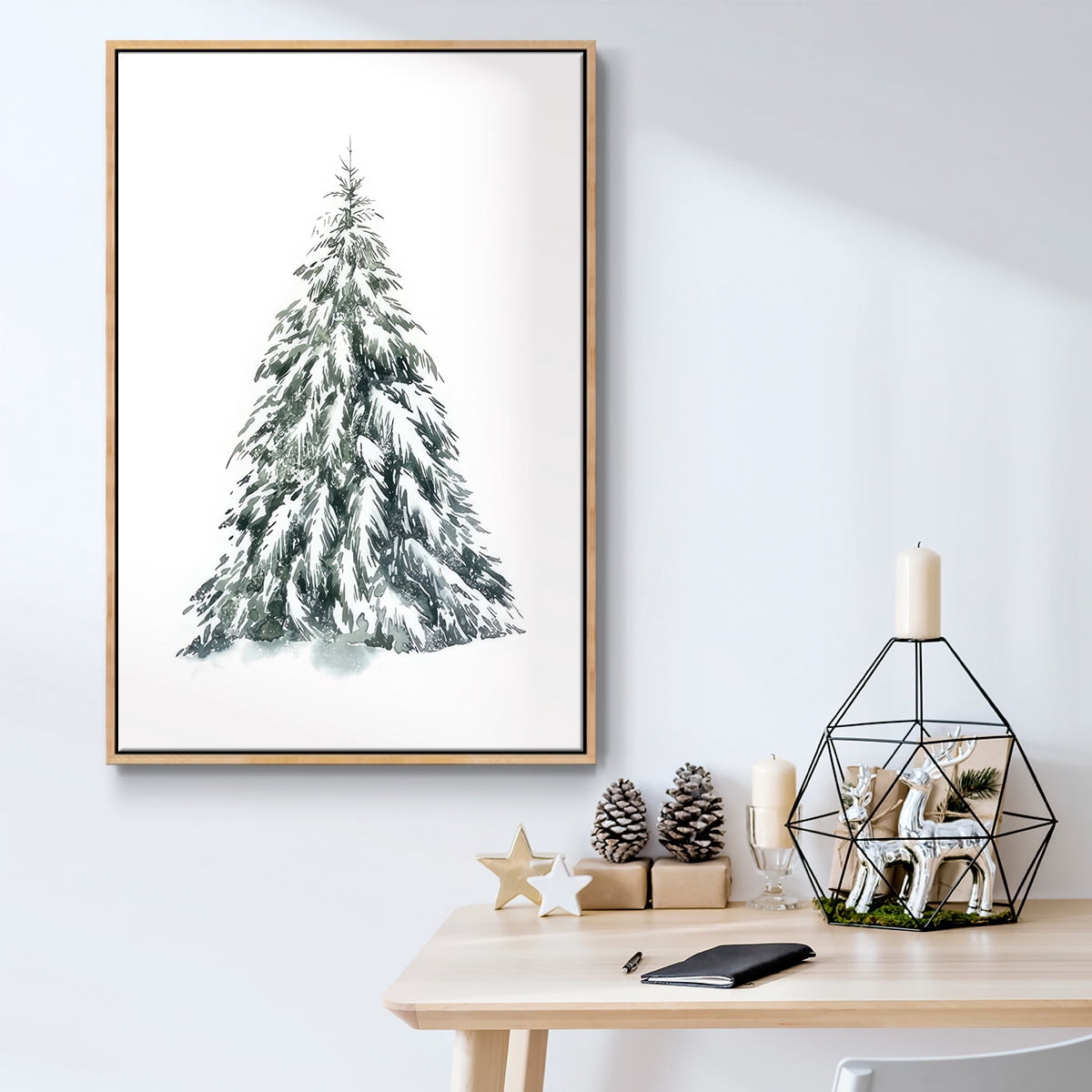 Blue Spruce I - Framed Gallery Wrapped Holiday Canvas - 17 x 25 - Natural Wood Frame