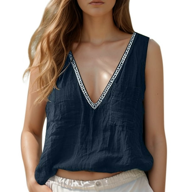 2025 Camisetas sin mangas de lino para mujer con cuello en V profundo, sin mangas, informales, de verano, holgadas y con volantes, de poliéster, varias tallas para primavera/otoño