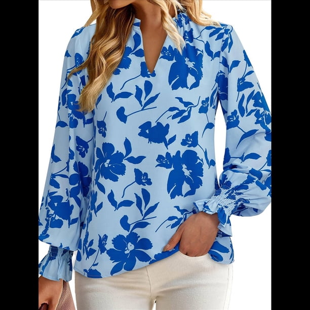 Blusa de Estilo Bohemio con Cuello en V y Mangas Largas, Estilo Floral, Informal, Holgada, de Verano, con Mangas Abullonadas para Mujer. Azul M