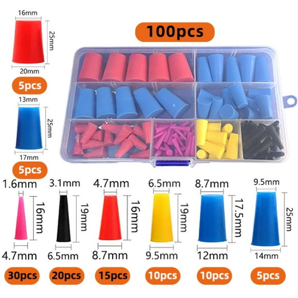 100 Pcs High Temp Silicone Rubber Tapered Plug Kit,Silicone Plugs Assortment Kit