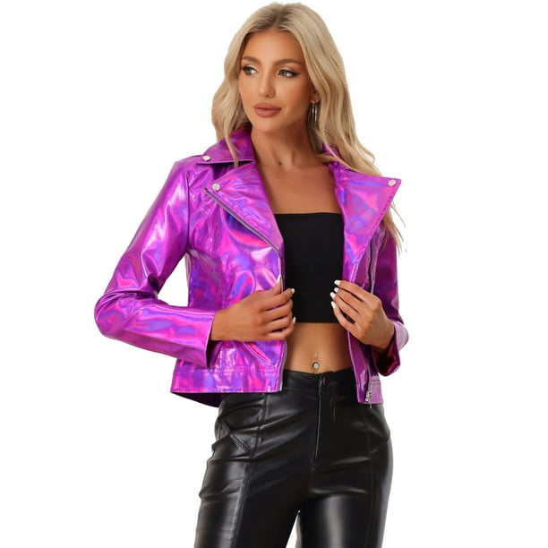 Disfraz de navidad Chaqueta metalizada estilo motorista con cremallera brillante holográfica para mujer Rosa Caliente L