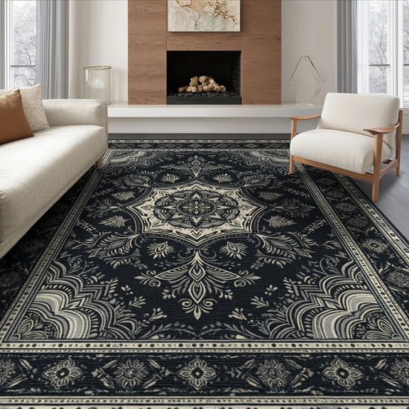 ODIKA 8'x10' Washable Area Rug Modern Farmhouse Boho Medallion With Distressed Abstract Border Accents for King Size Bedroom Under Bed, Master Suite, Non-Shedding, Easy Care
