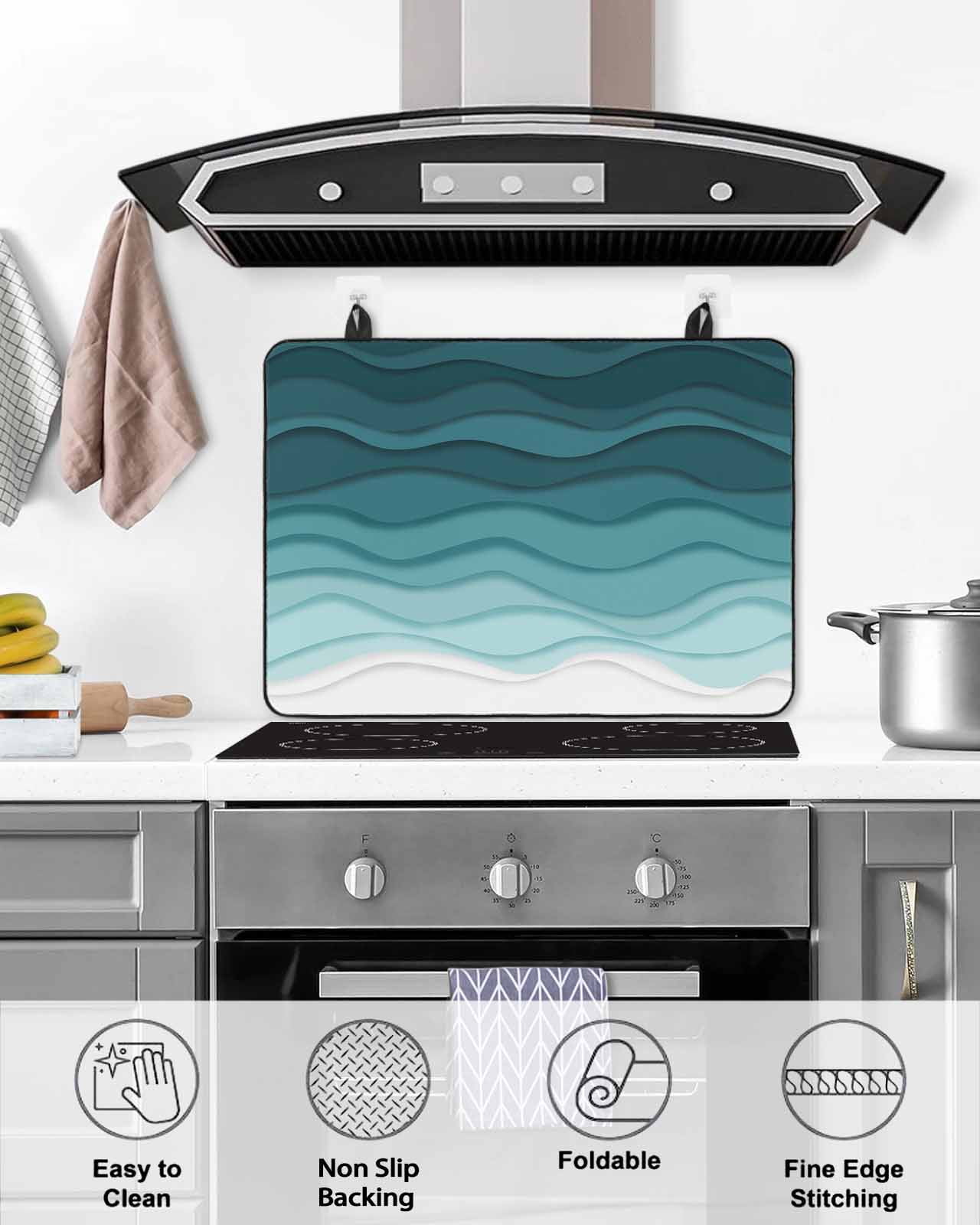 nqOlkjepod Large Induction Cooktop Protector Mat 24"x21", Turquoise Stripes Stove Top Covers for Electric Stove, Farmhouse Gradient Sea Waves Beach Stove Burner Cover Mats, Glass Top Stove Cover
