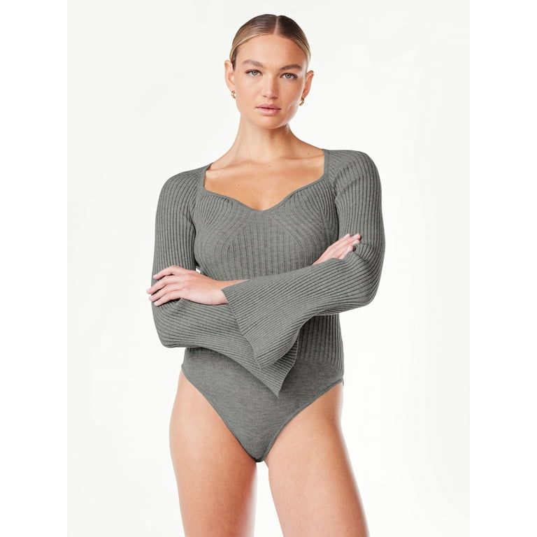 Scoop Women's Ribbed Bodysuit with Sweetheart Neck and Long Sleeves, Sizes  XS-XXL 