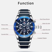 Men's VIP Luxury Chronograph Watch, blue dial, stainless steel case, silicone strap, water-resistant sports watch with date display, chronograph, luminous hands, stainless steel and silicone strap.