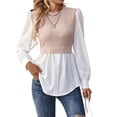 thumbnail image 3 of Camisa de Mujer con Botones y Diseño Patchwork, Larga, Cuello Redondo, Dos en , de Punto Canalé, con Volantes. Rosa L, 3 of 8