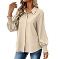 thumbnail image 6 of ClodeEU Women's Collar Button Long Sleeve Shirt with Ruffle Cuffs ,Casual Loose Fit Blouse Beige,Women's Plus L, 6 of 8