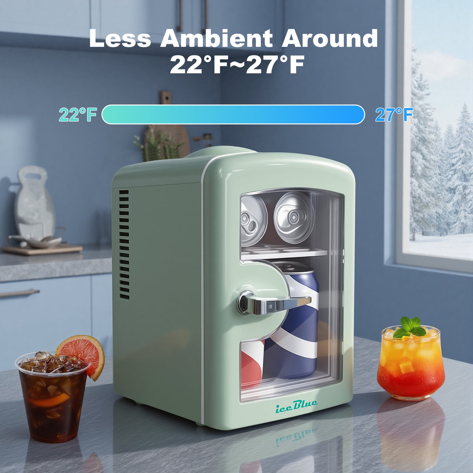 iceBlue 4L Mini Fridge for Cosmetics and Drinks, Car/Home Use (Green), Skincare Refrigerator, Transparent Window and Retro Chrome Handle