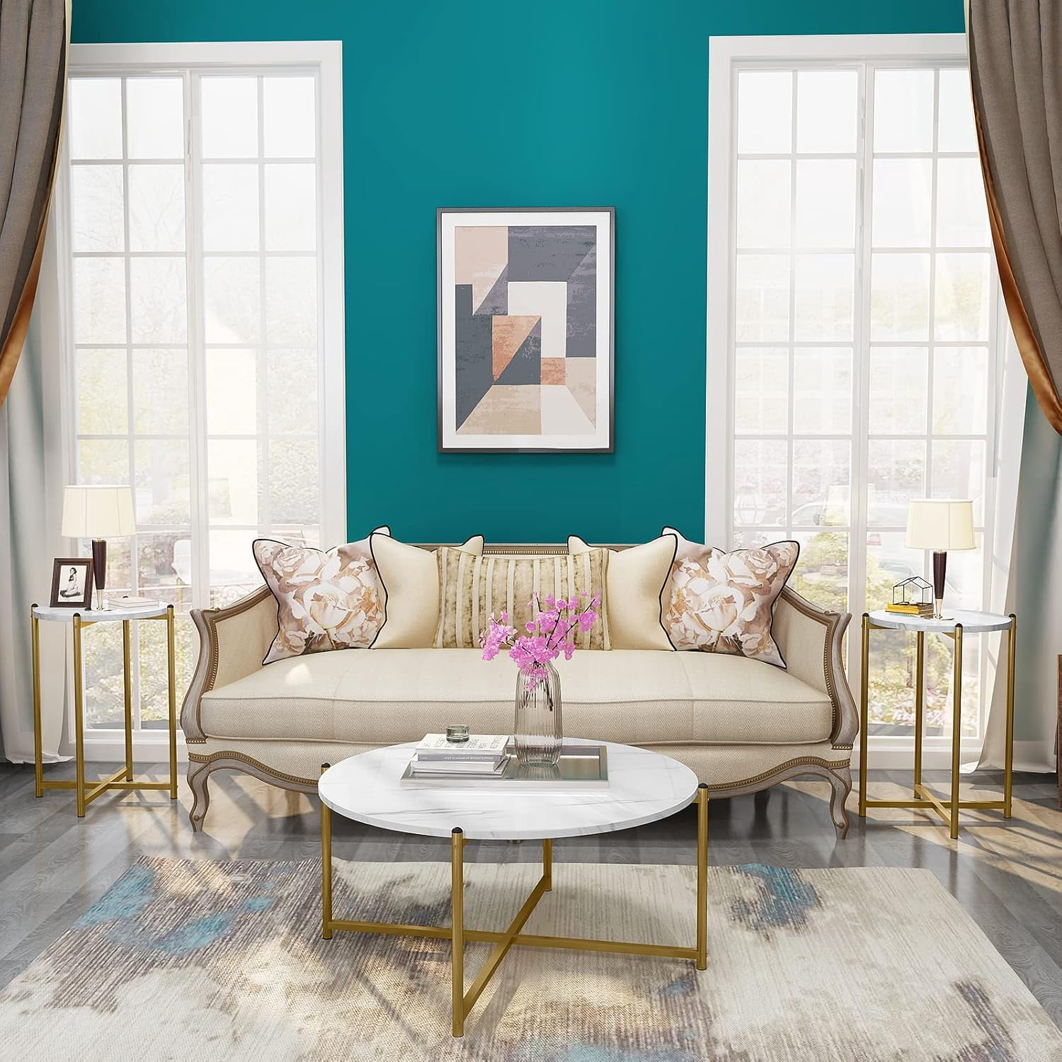 Cvortll Coffee Table Set of 3, Round Faux Marble Top with Cross Metal Frame, Modern Living Room Table for Apartment （White & Gold）
