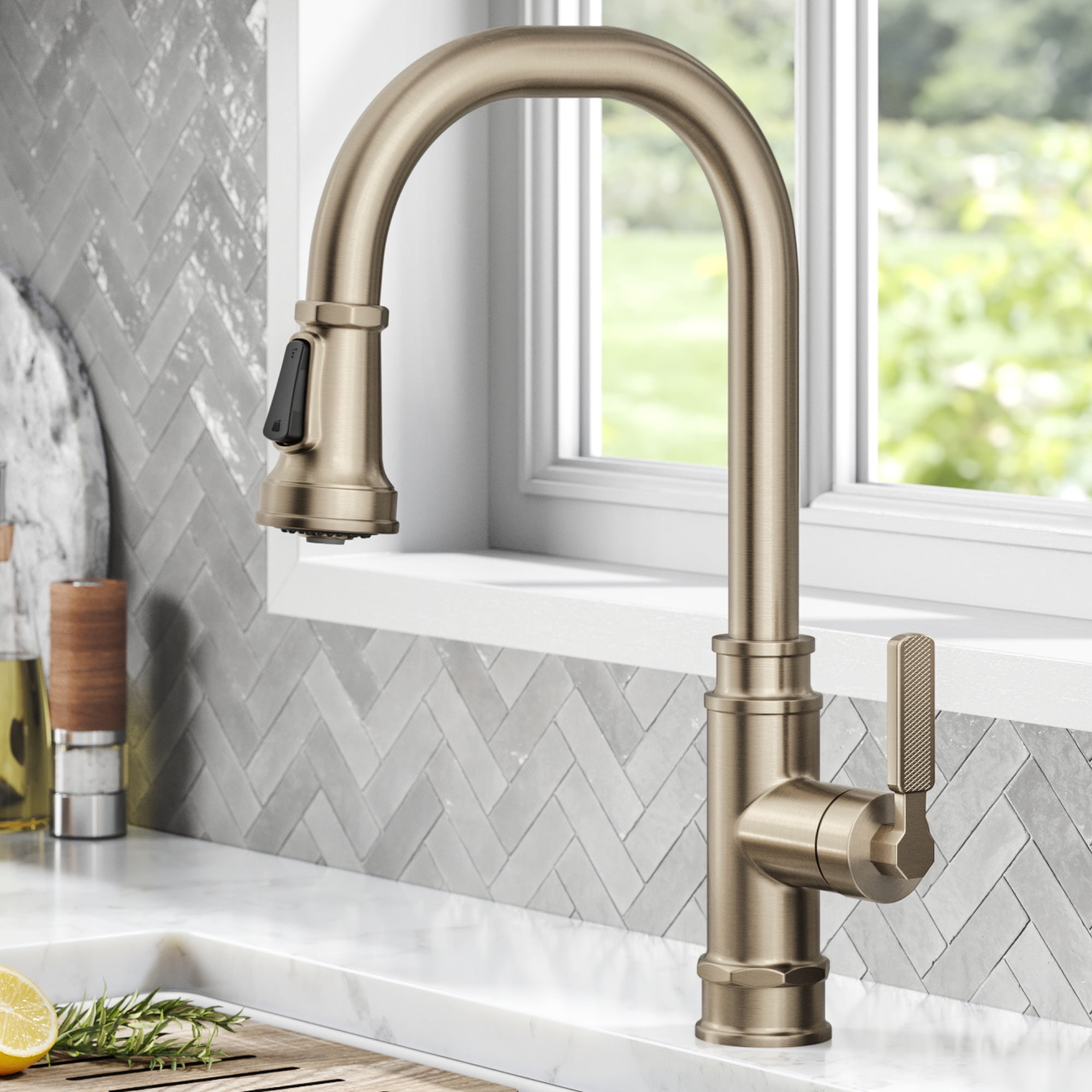 KRAUS Allyn Transitional Industrial Pull-Down Single Handle Kitchen Faucet in Spot-Free Antique Champagne Bronze