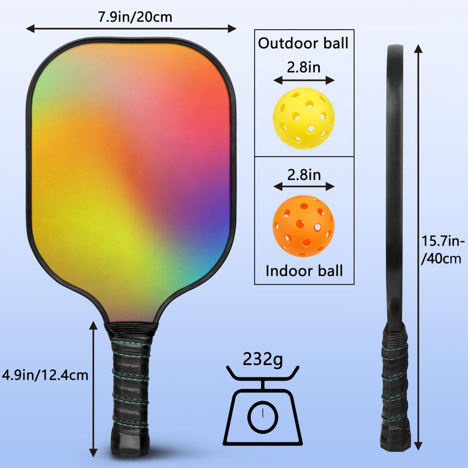 Pickleball Paddles Set Of 1, Fiberglass Surface, Vibrant Rainbow Print, 1 Paddle, 2 Balls & Bag
