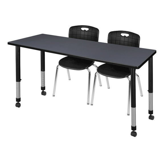 Regency 66x24 Mobile Adjustable Classroom Table- Grey & 2 Andy 18 Stack Chairs- Black