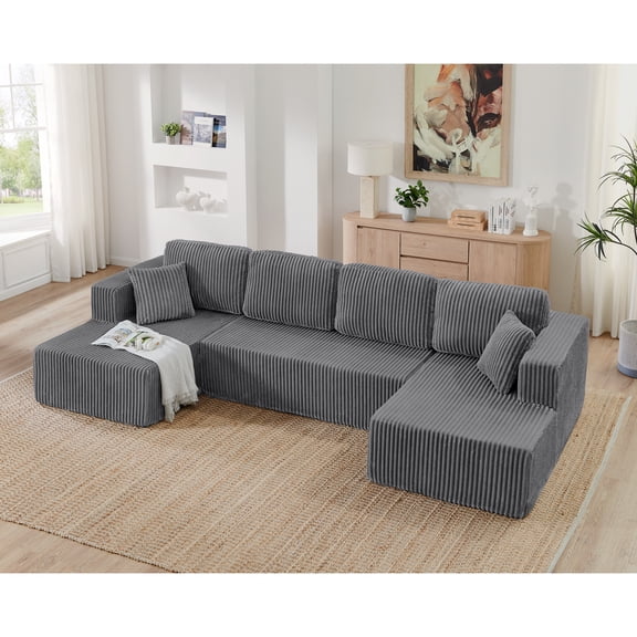 U shape Modular Sectional Sofa, Compressed Sectional Sofa Modern Minimalist Style Corduroy Couch, Sleeper Sofa for Living Room, Bedroom, Comfy Compressed Sofa Couch Space-Efficient Design-grey