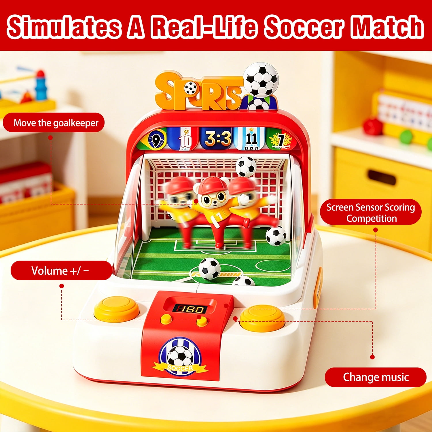 Kids Desktop Soccer Game Machine with Moving Goalkeeper, Scoreboard & Sounds – Interactive Football Toy for Boys & Girls Ages 3+（RED）
