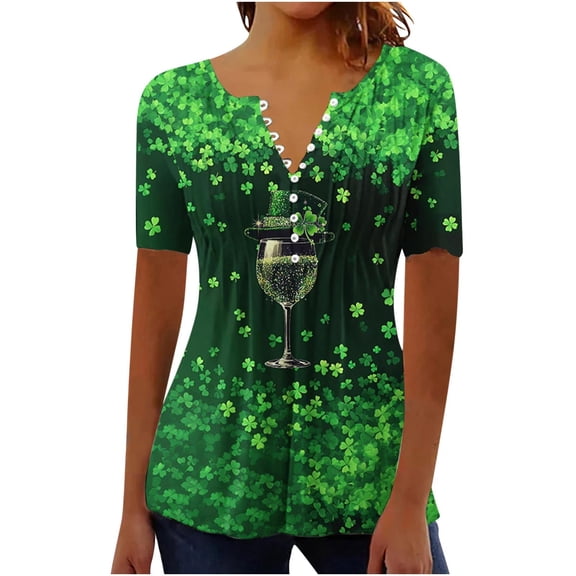 Blouses for Women Dressy Casual,St Patricks Day Shirt Women Shamrock Short Sleeve Tops Casual Button V Neck Tunic Blouses Irish Green Outfits