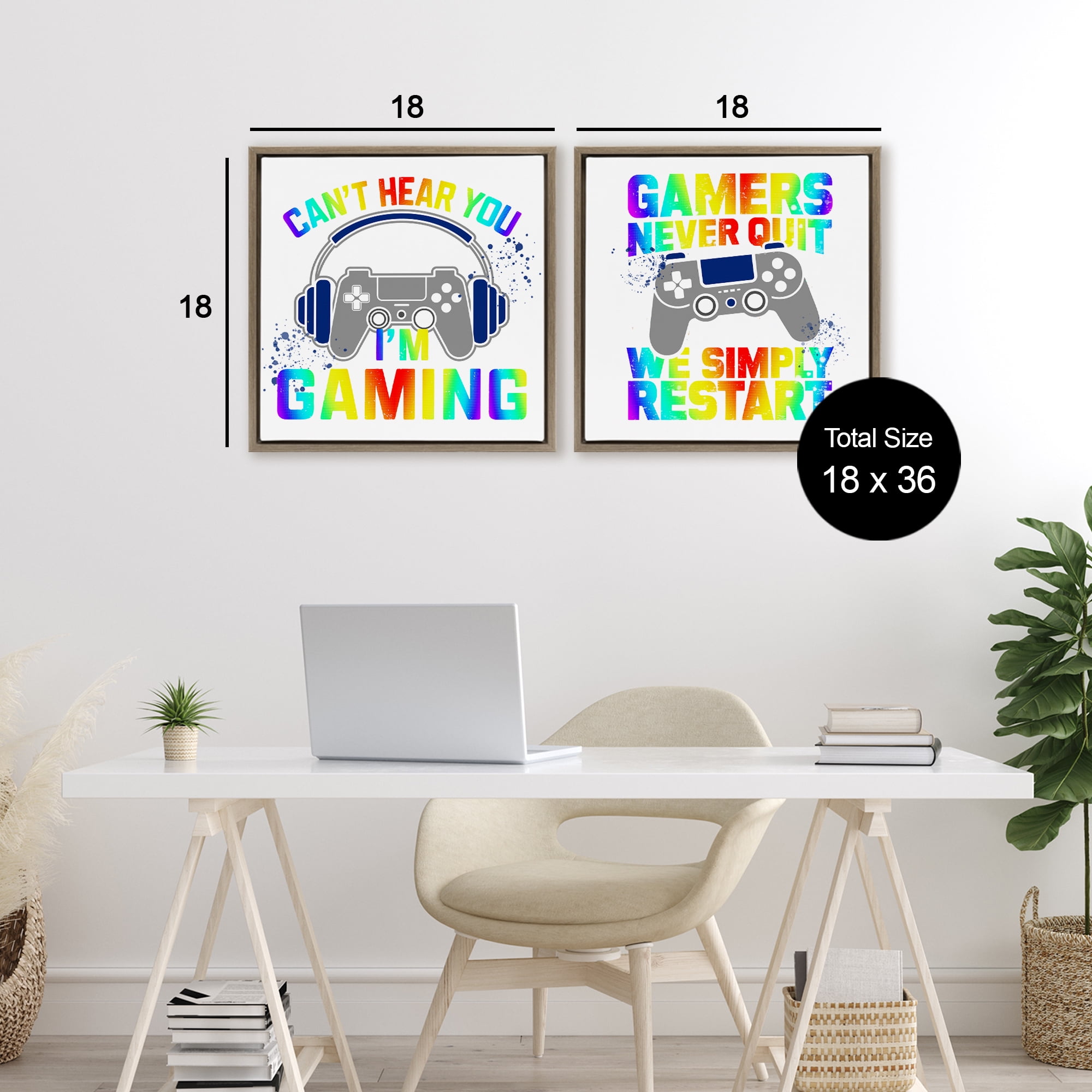 Rainbow Retro Gaming Phrases 2 Piece Brown Framed Floater Canvas Set, design by Kim Allen