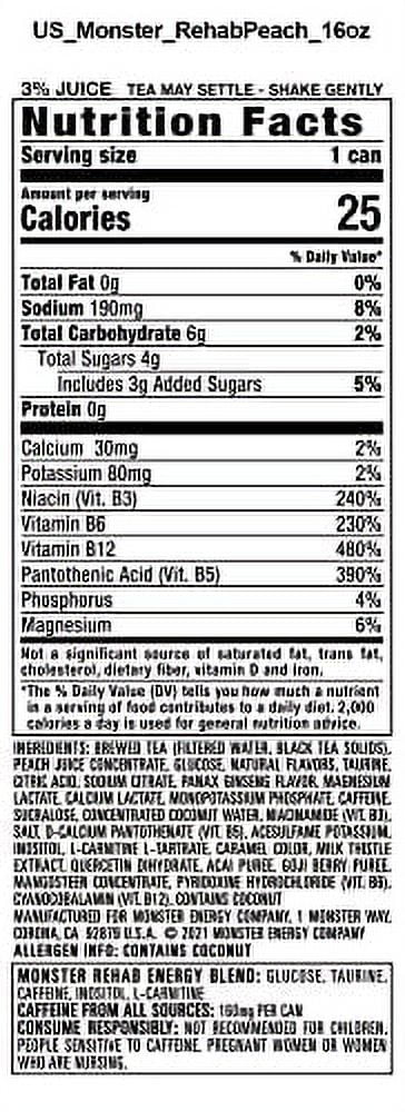 Rehab Monster Peach Tea Energy Drink 15 - 15.5 fl oz Cans