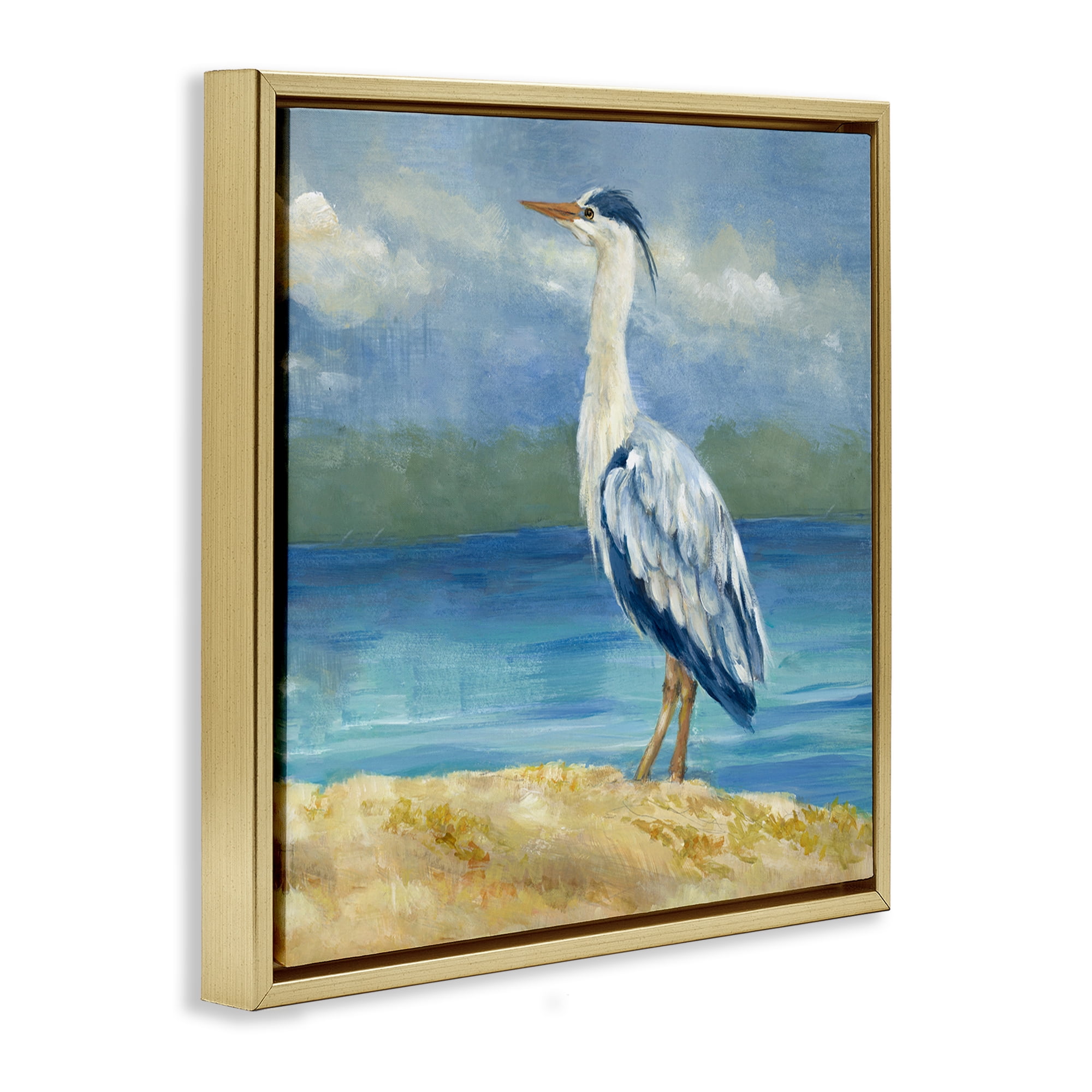 Stupell Industries Heron on Cloudy Beach Nautical & Beach Painting Gold Floater Framed Canvas Art Print Wall Art, 25 x 25