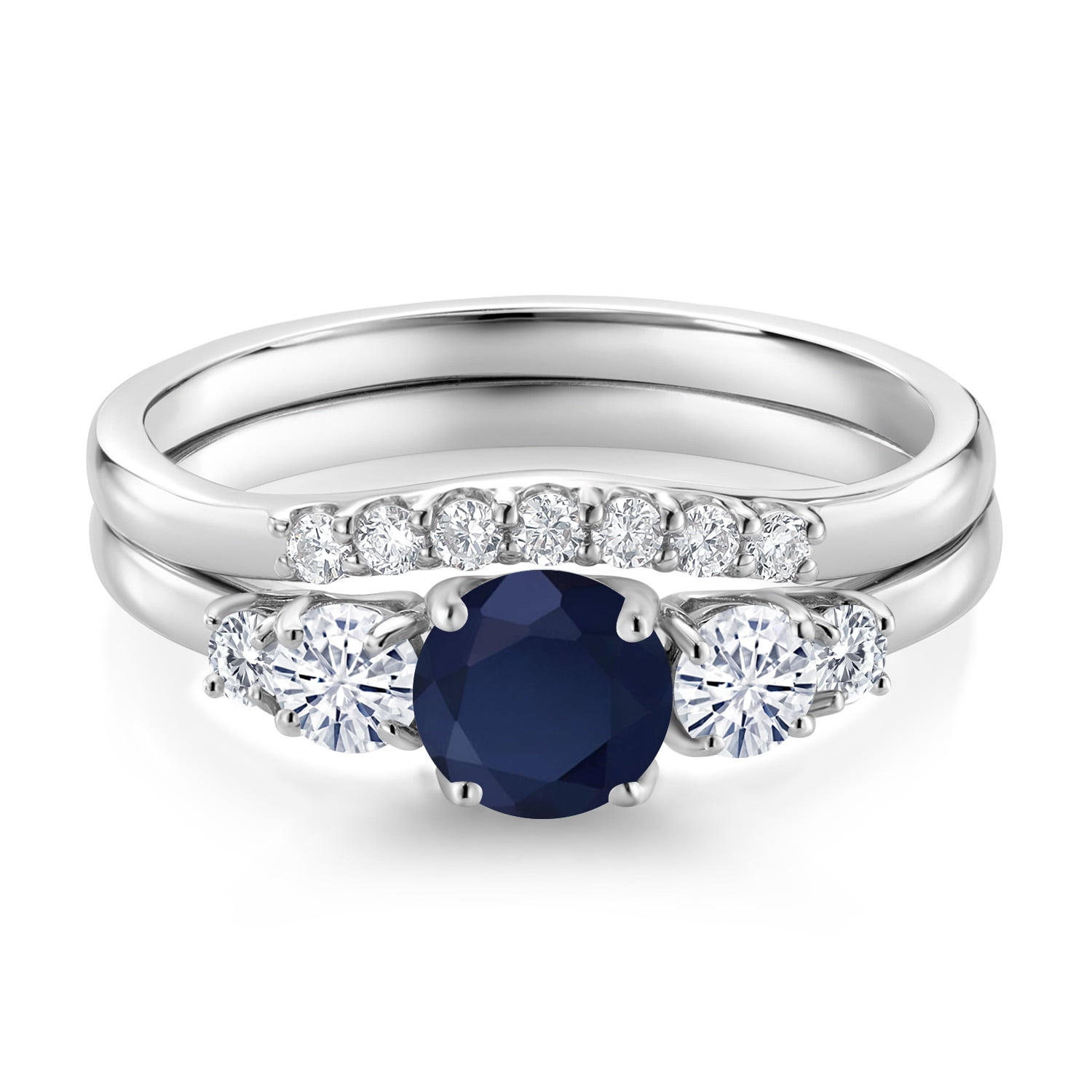 Gem Stone King 10K White Gold Blue Sapphire White Moissanite and White Lab Grown Diamond 5 Stone Bridal Engagement Wedding Ring Set for Women (0.91 Cttw, Round: 5MM and 3MM, Size 7)