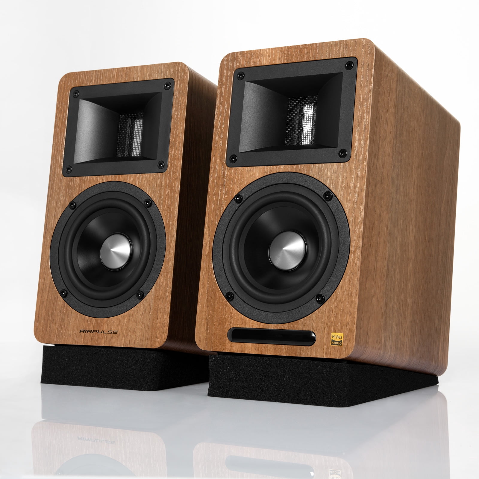 Airpulse A80 Hi-Res Audio Certified Active Speaker System, Built-in Amplifier, Optical, Sub out, Bluetooth 5.0 aptX, AUX, PC, and USB Inputs Brown-Pair