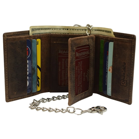 RFID Blocking Mens Chain Biker Vintage Genuine Leather Classic Trifold Wallet