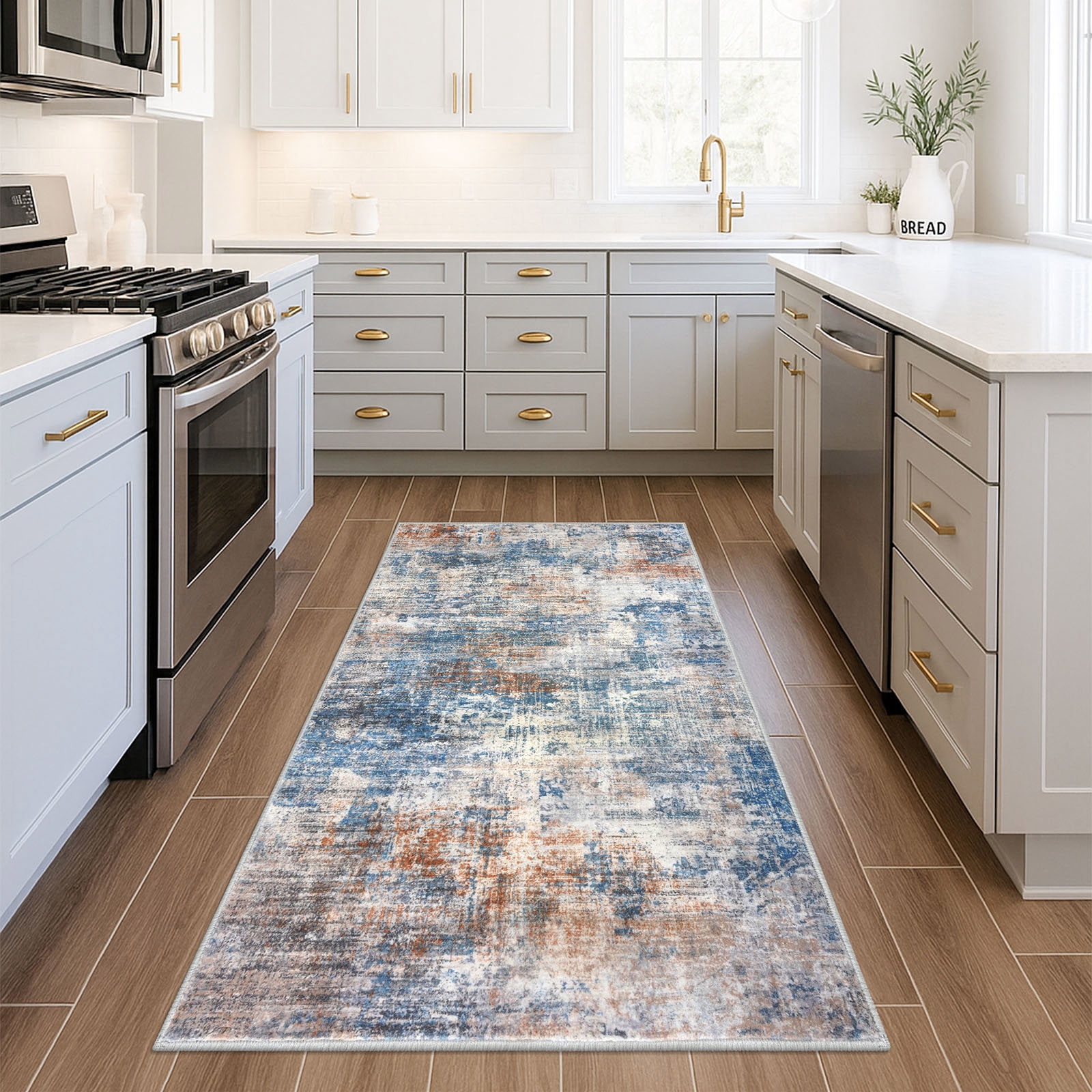 iOhouze Washable Rugs 3x5 ft Entryway Rugs Abstract Non Slip Area Rug Printed Faux Wool Soft Kitchen Rugs Indoor Rugs for Entrance Foyer Living Room Bedroom, Blue/Rust/White