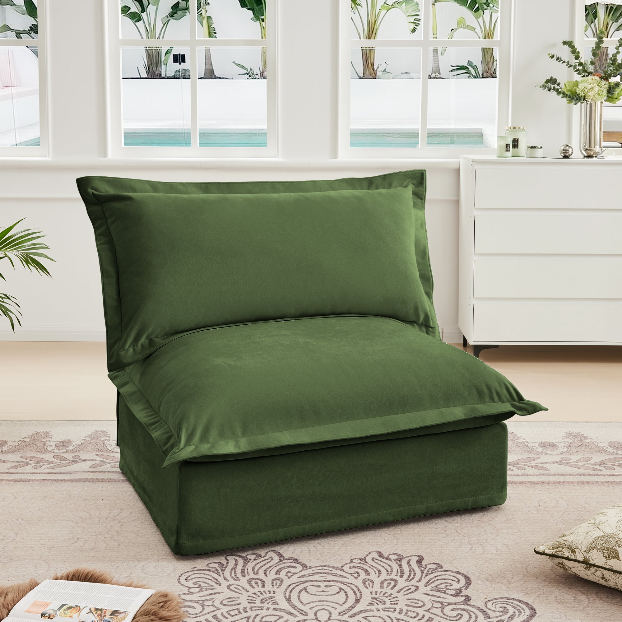 Gewnee Chenille Fabric Green Deep Seat Singel Armless Sofa Couch for Living Room, Reading Room, Bedroom and Working Spaces