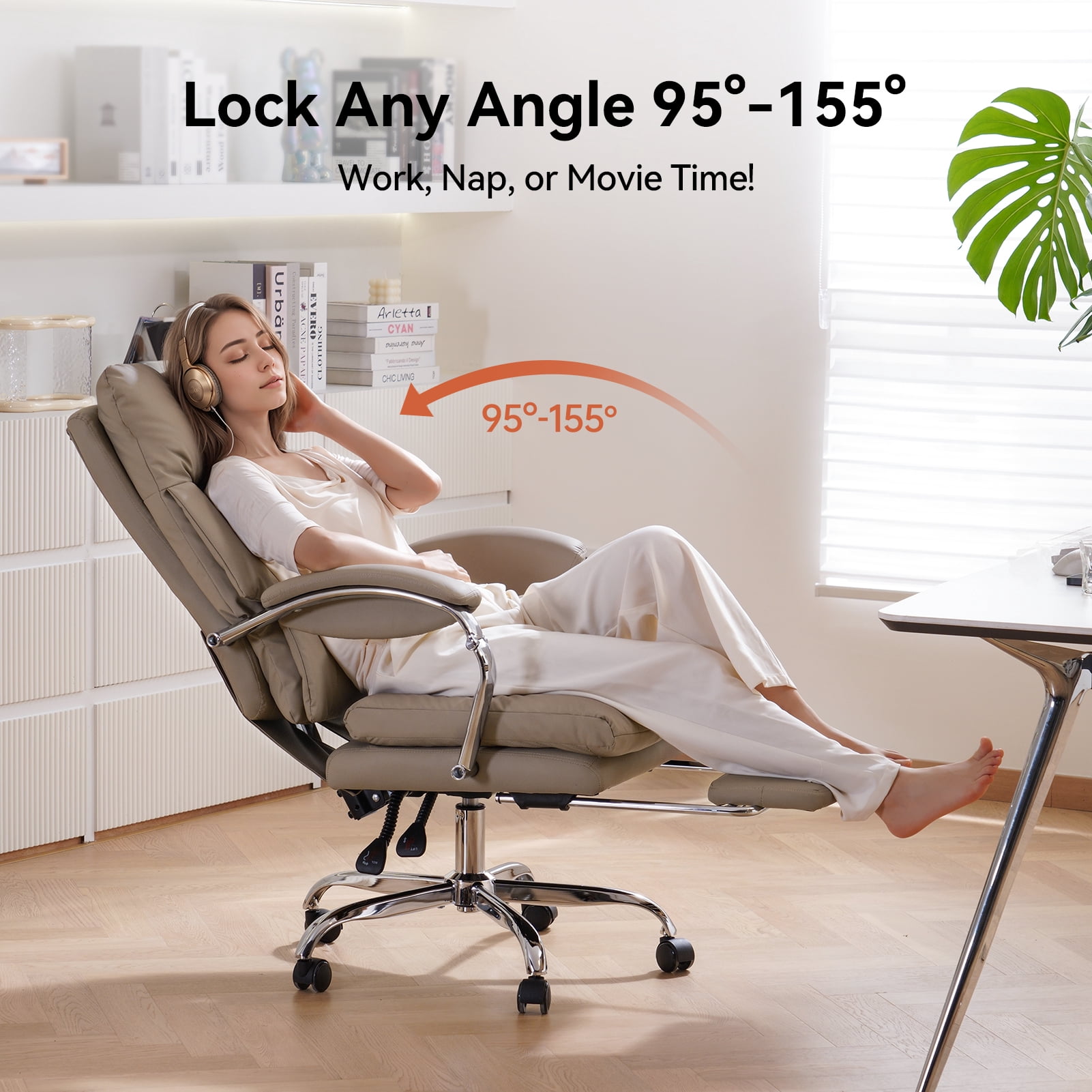 LEAGOO Office Chair with Foot Rest, Reclining Ergonomic Executive Office Chair with Armrests, High Back PU Leather Comfy Swivel Computer Chair with Wheels 300lbs, Tan