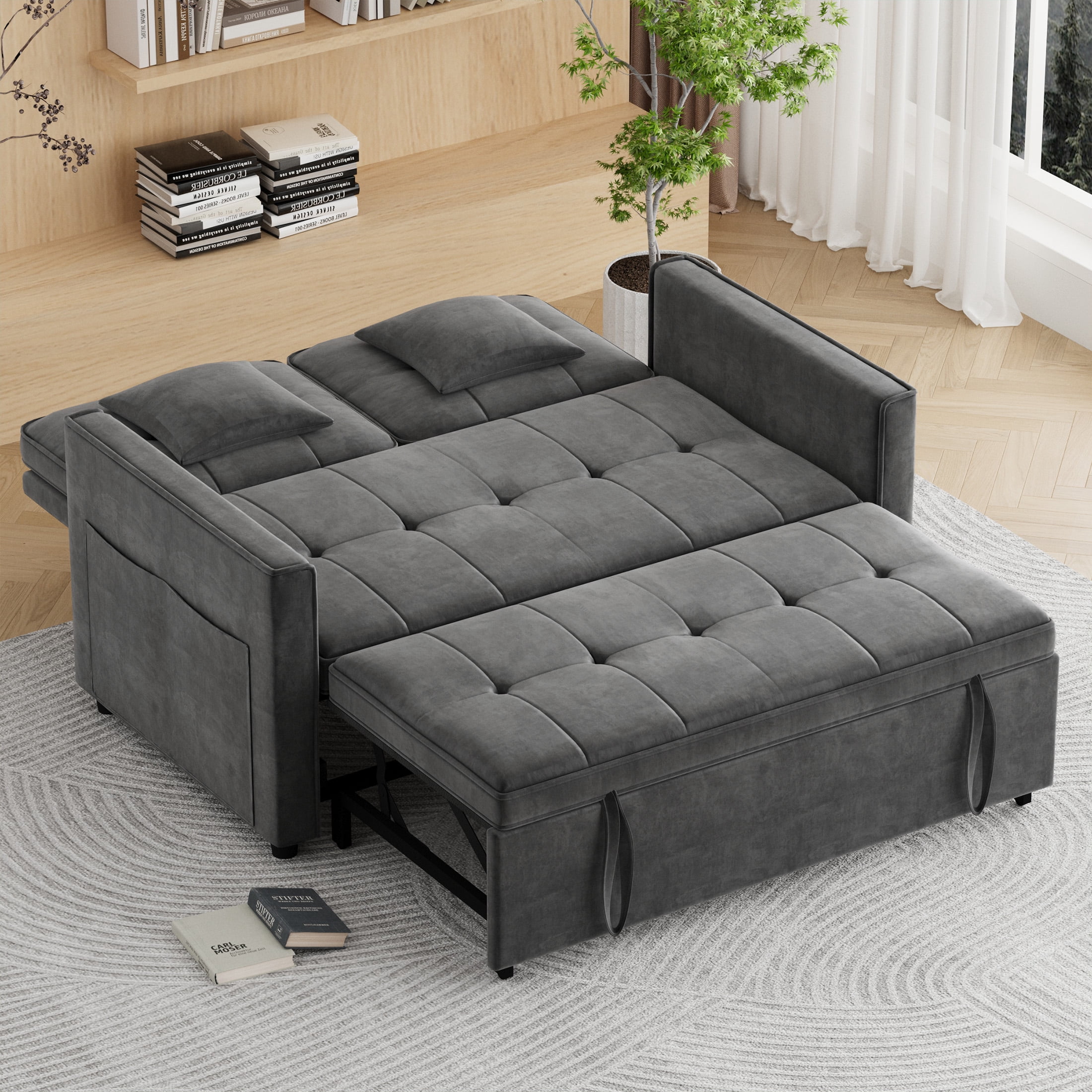 Convertible Sofa Bed,3-in-1 Sleeper Sofa with Pull Out Bed,Velvet Couch with Adjsutable Backrest and 2 Pillows for Living Room,Gray