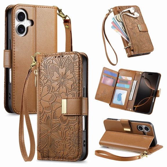 Lunvic Wallet Case for iPhone 17, Zipper Pocket PU Leather Embossed Floral Flip Folio Cover, Card Slots, Cash Pocket, Kickstand, Wrist Strap, Brown