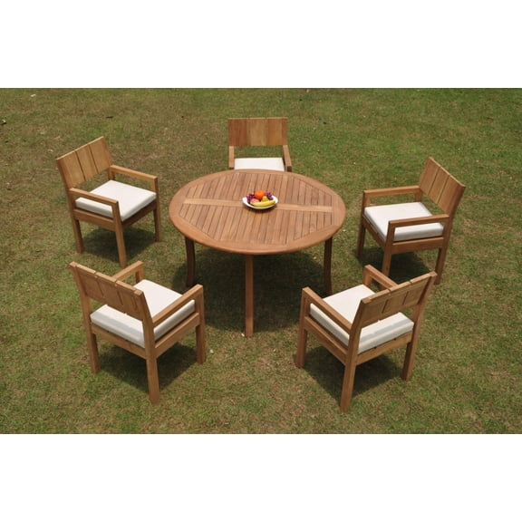Grade-A Teak Dining Set: 5 Seater 6 Pc: 52" Round Table And 5 Veranda Arm Chairs Outdoor Patio WholesaleTeak #WMVRe
