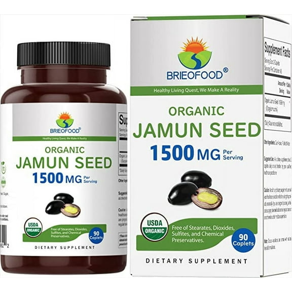 Brieofood Organic Jamun Seed 1500mg, 45 Servings, Vegetarian, Gluten Free, 90 Vegetarian Tablets
