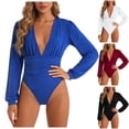 thumbnail image 4 of larppty Women's Sexy Ruched Deep V Neck Long Sleeve Bodysuit Plunging Neckline Leotard Shirts（Blue， M）, 4 of 9