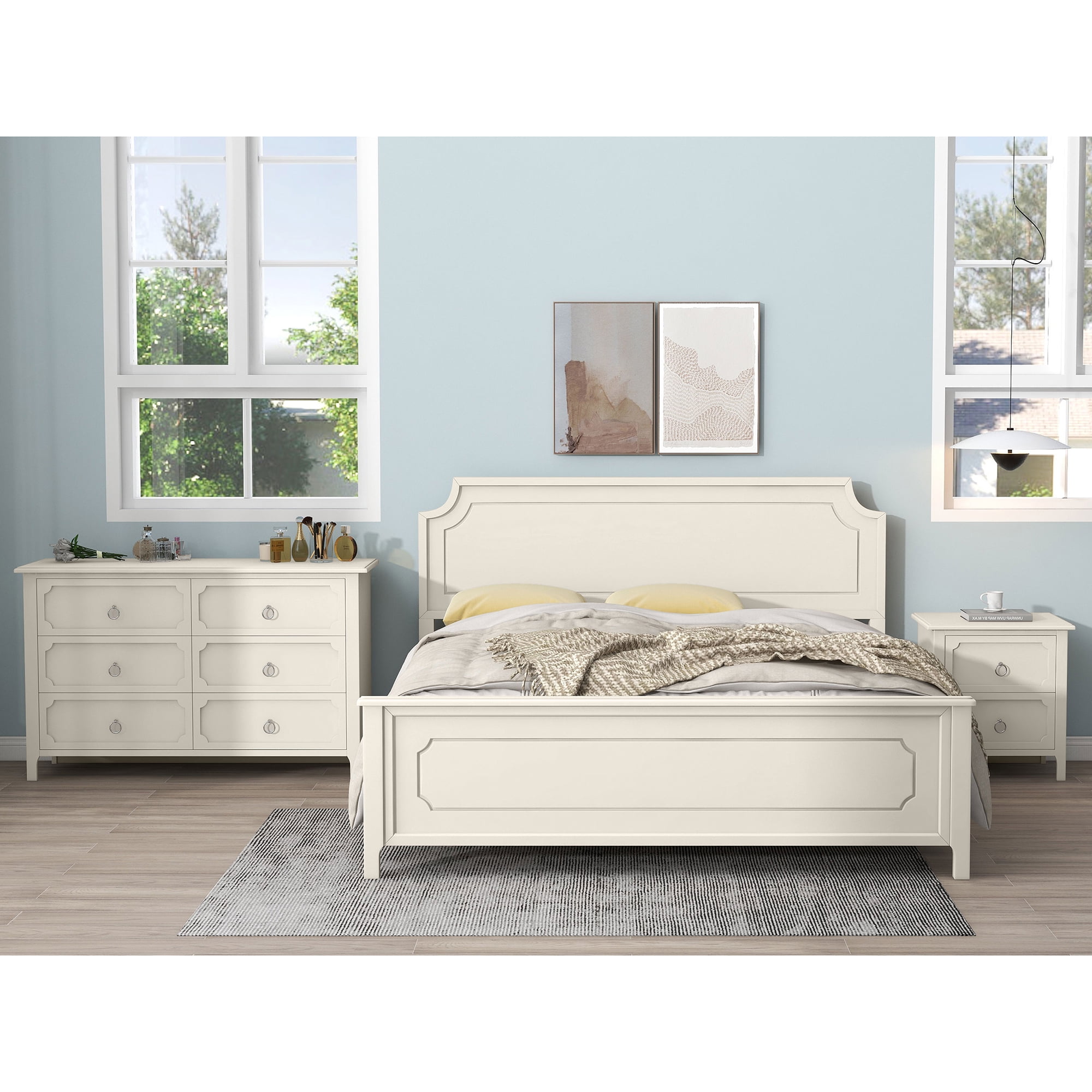 Resenkos 3 Pieces Solid Wood Bedroom Furniture Set King Size Platform Bed, Nightstand and Dresser Milky White