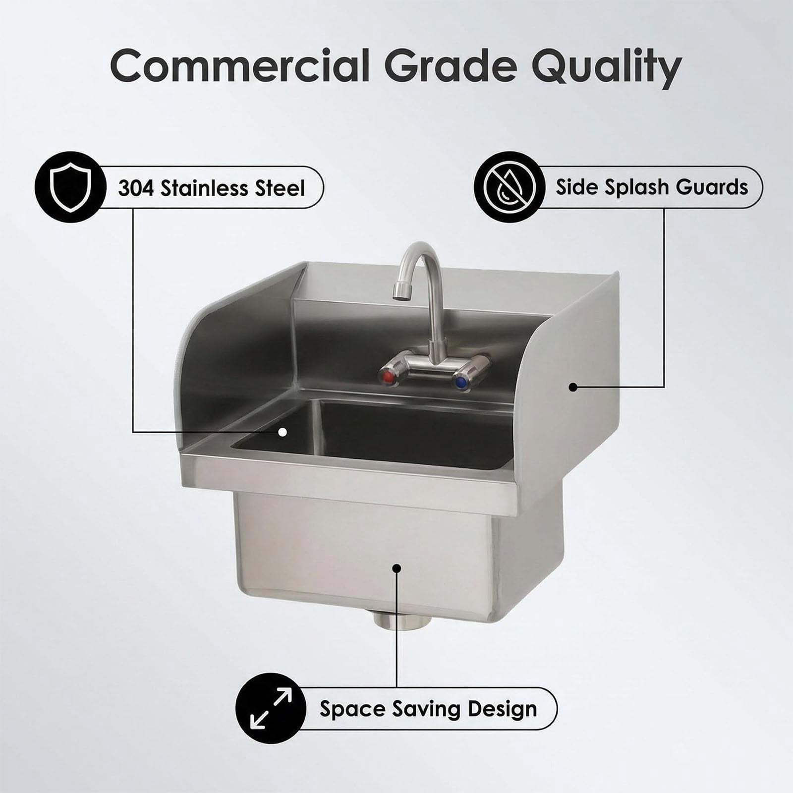 Historyli Commercial Stainless Steel Hand Sink with Swivel Faucet, Wall Mount or Drop-in,Small Hand Wash Basin with Backsplash & Drain Kit for Restaurant, Kitchen