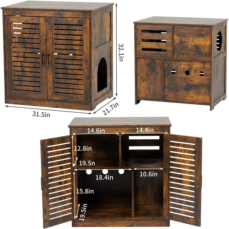 BYBLIGHT Kellum Rustic Brown Litter Box Enclosure, Industrial Cat Cabinet with Shelves and Doors, Wood Pet Crate Hidden Washroom