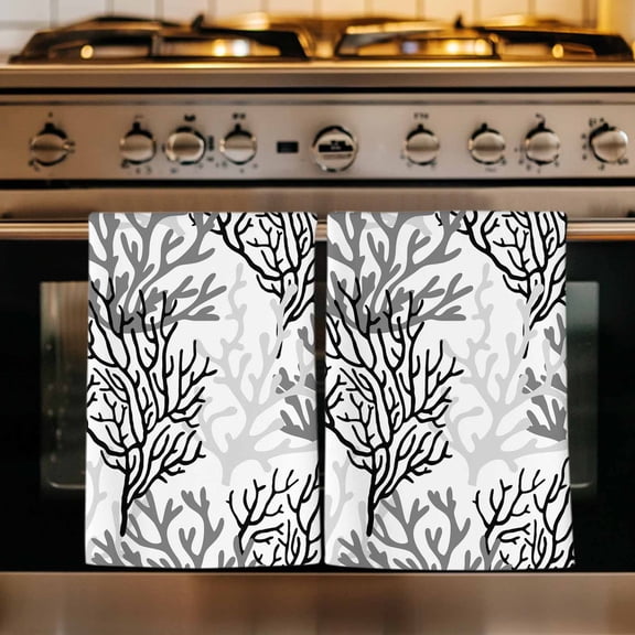 Black Gray Coral Coastal Kitchen Towels Set of 2, Summer Beach Seaside Nautical Absorbent Dish Towels for Kitchen, Microfiber Hand Towel, Quick Drying Tea Towel for Cleaning Decorative Dishcloths