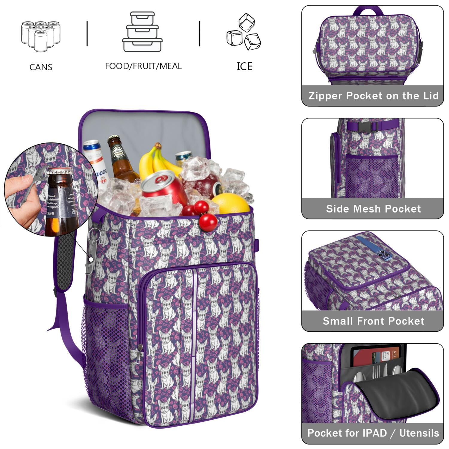 Travel Cooler Bag - Purple French Bulldog Camping Beer Cooler Backpack with Bottle Opener- Waterproof Insulated Picnic Backpacks - Cooler Bag for Beach