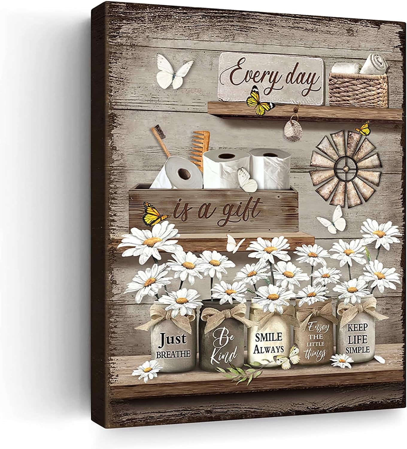 Rustic Daisy Wall Art Vintage Bathroom Canvas Print Bathroom Decor Flower Butterfly Painting Farmhouse Rustic Bathroom Picture Home Decor For Bathroom Bedroom Ready To Hang 12x16 Inch