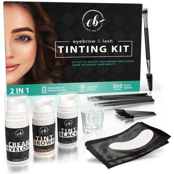 Kit de cejas y pestañas | Marrón y Negro | Color instantáneo para cejas y pestañas | 10 Aplicaciones | Perfecto con kit de laminación de cejas | Solución Vegana 2 en 1