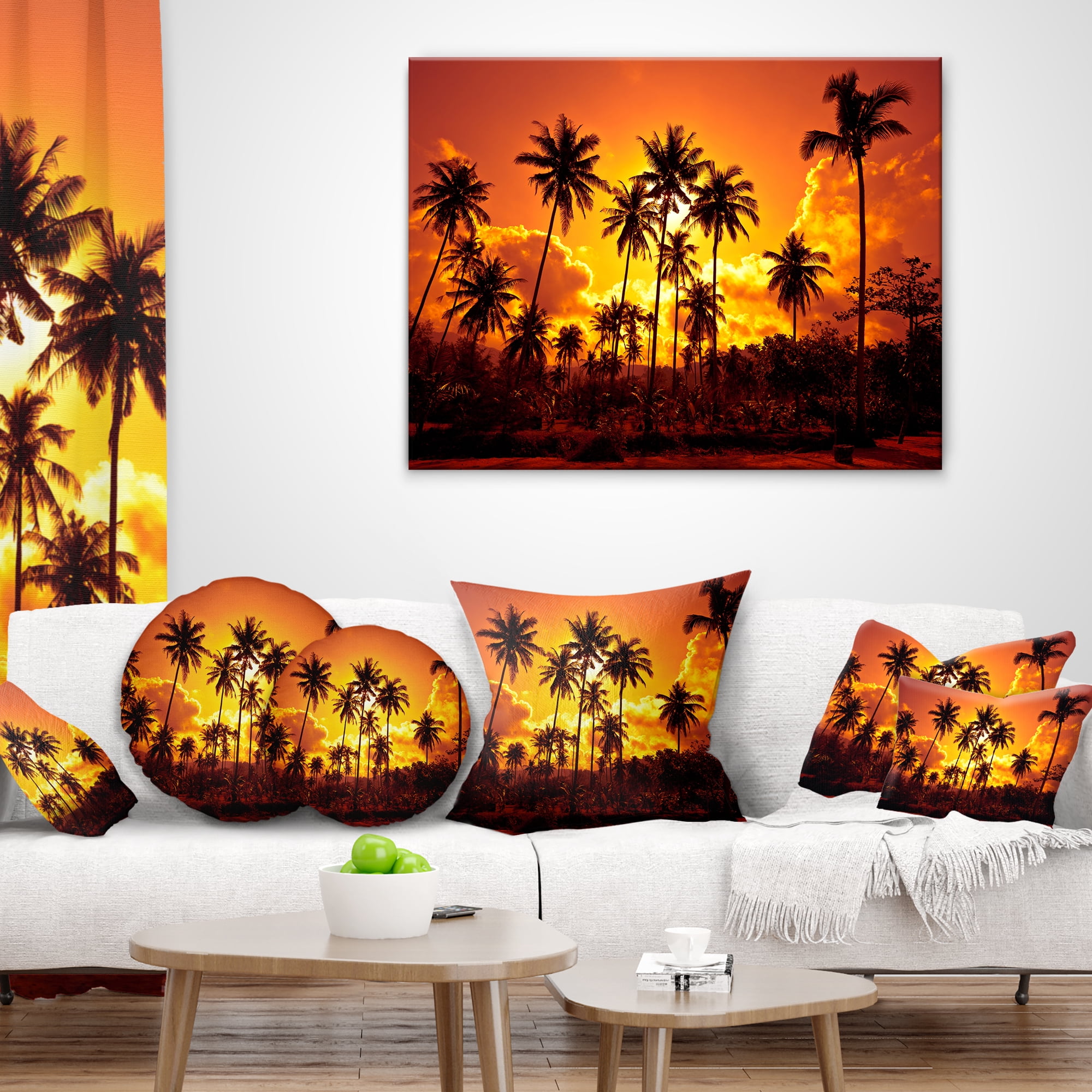 Designart Coconut Palms Against Yellow Sky - Landscape Photography Throw Pillow - 12x20