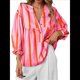 thumbnail image 2 of Blusa de Verano A Rayas con Cuello en V y Mangas Abullonadas para Mujer, Estilo Babydoll, Holgada e Informal Rosa S, 2 of 9