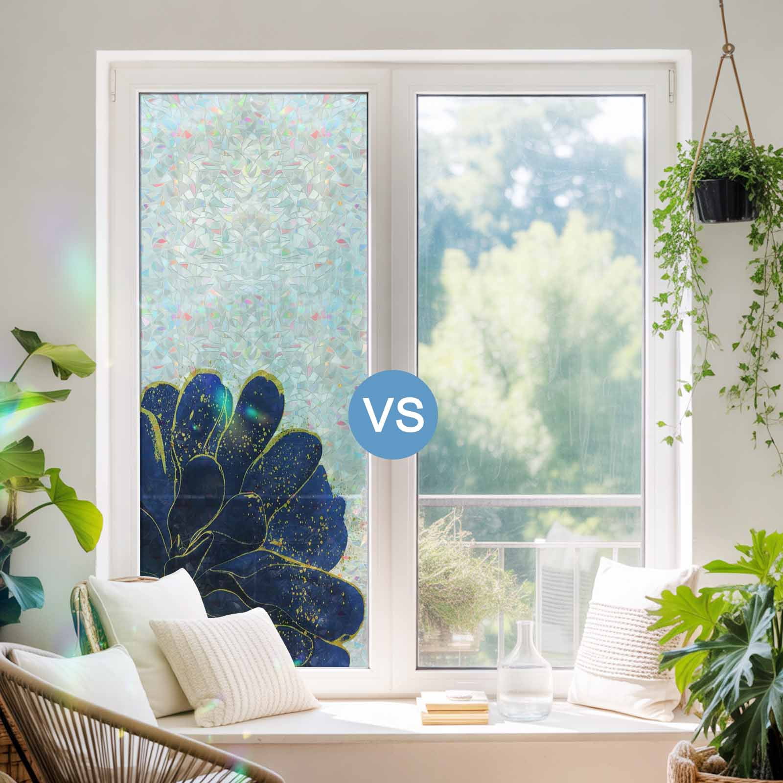 Navy Blue Gold Window Privacy Film Stain Glass,Reusable Decorative Rainbow Window Film,Abstract Line Art Troditional Ink Painting Static Cling Sun Blocking Stickers Decals Covers 19.6" x 39.3" (2pcs)