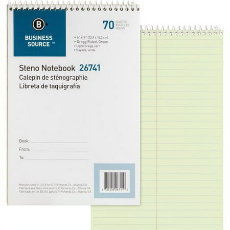 Business Source Steno Notebook - 70 Sheets - Wire Bound - Gregg Ruled - 15 lb Basis Weight - 6" x 9" - Green Paper - Stiff-back - 1 Each | Bundle of 10 Each
