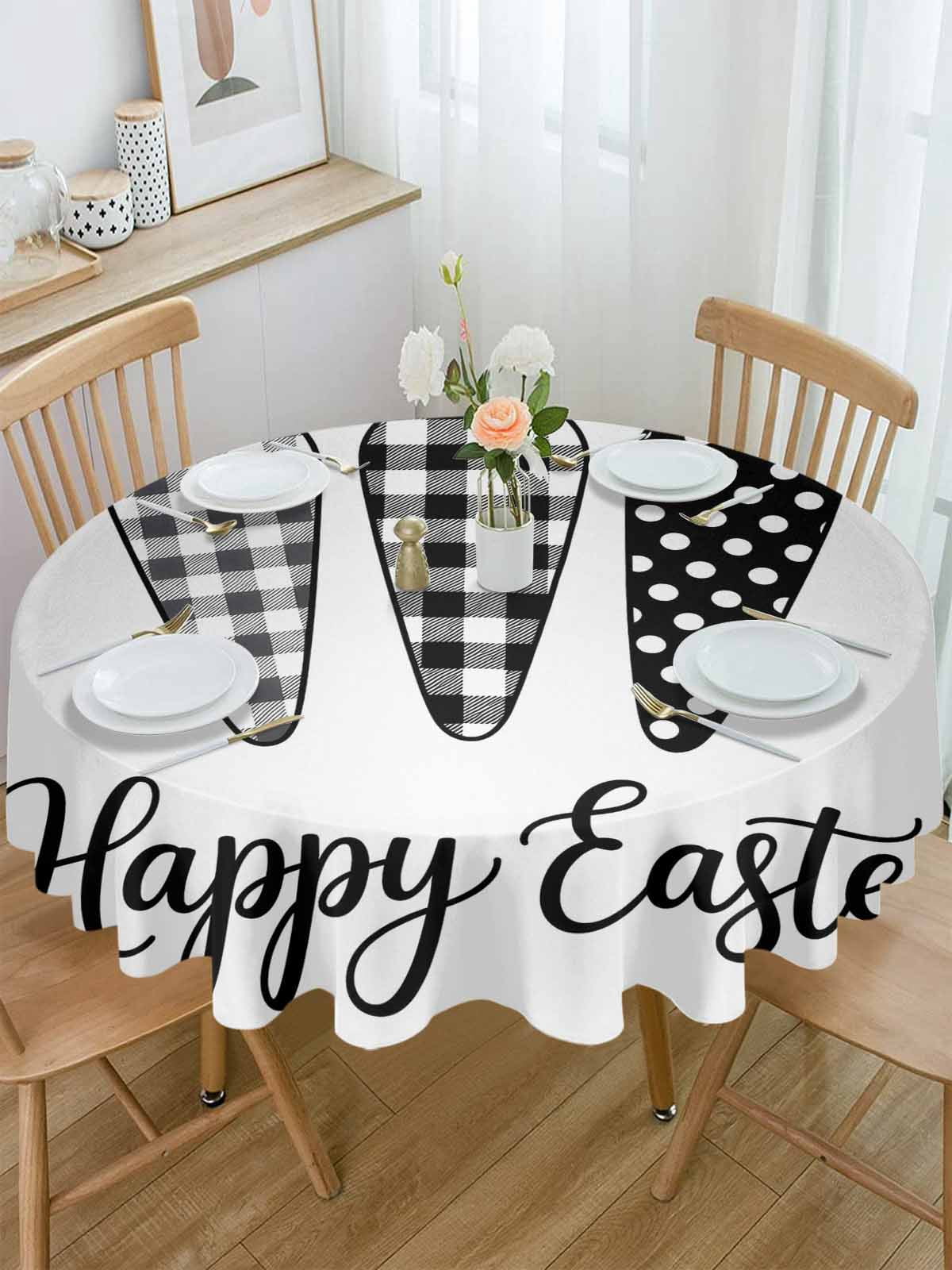 Round Tablecloth Happy Easter Waterproof Oil Proof Polyester Table Cloth Cover Decor for Home Dining Outdoor,Patio,Parties, 54" Dia. Farmhouse Plaid Carrots White