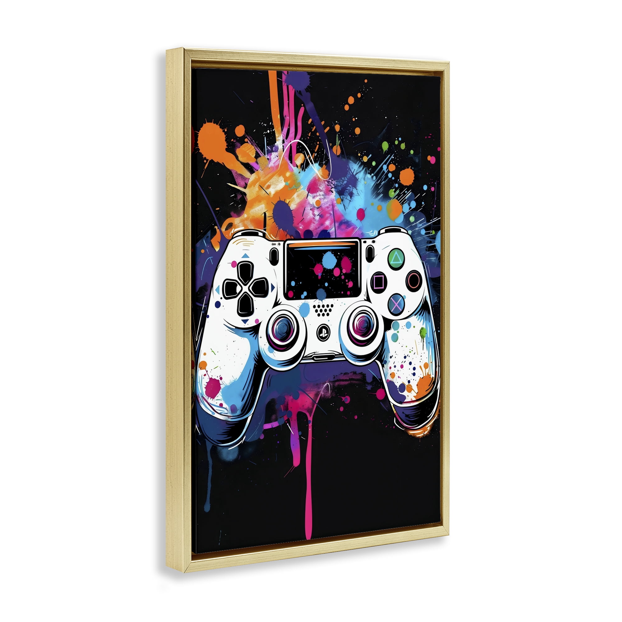 Stupell Industries Controller Contrast with Neon Splatter Gold Framed Floater Canvas Wall Art, design by Creative Studio