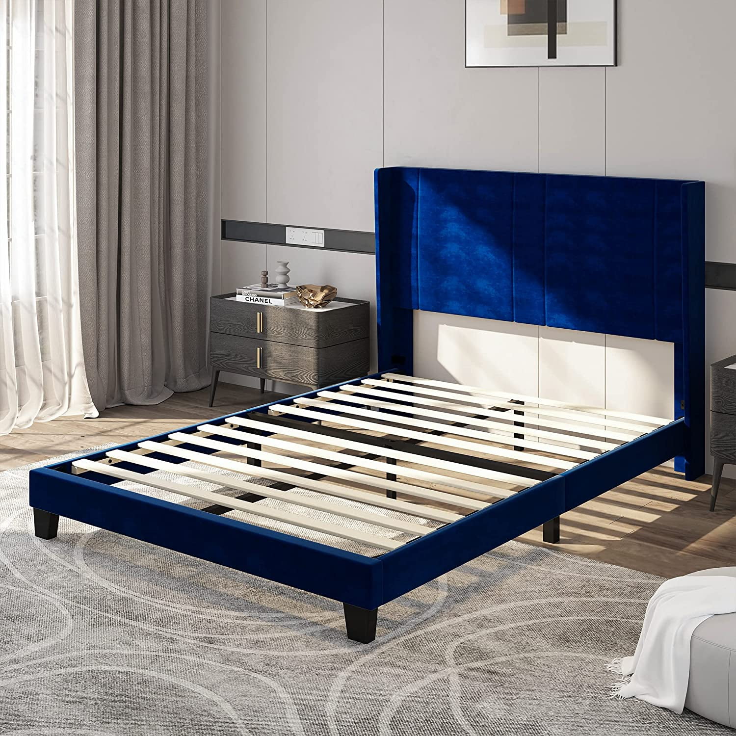 Dextrus Upholstered Wingback Platform Bed with Navy Blue Velvet Headboard(Full)